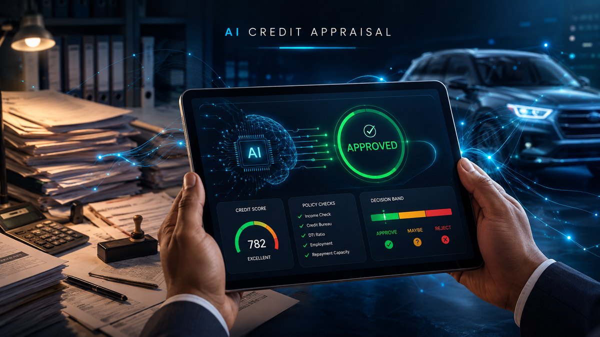 AI credit appraisal system showing credit score, policy checks, and Approve/Maybe/Reject decision bands on a tablet