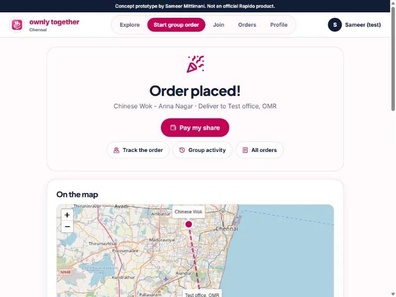 The live prototype: order placed, with Pay my share, Track the order and a map of Chennai