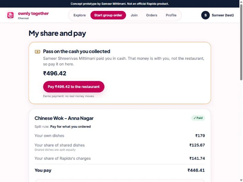 Pay screen with the host's card to pass on collected cash