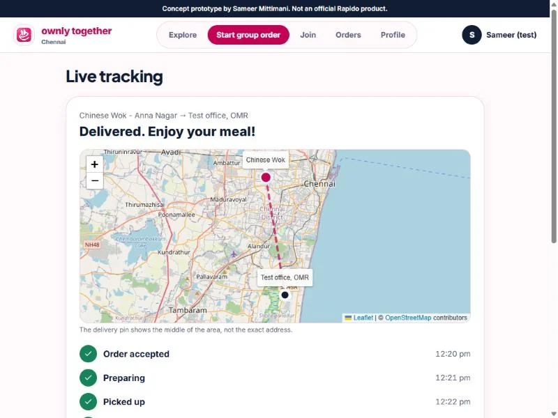 Live tracking on a real OpenStreetMap map from Anna Nagar to OMR