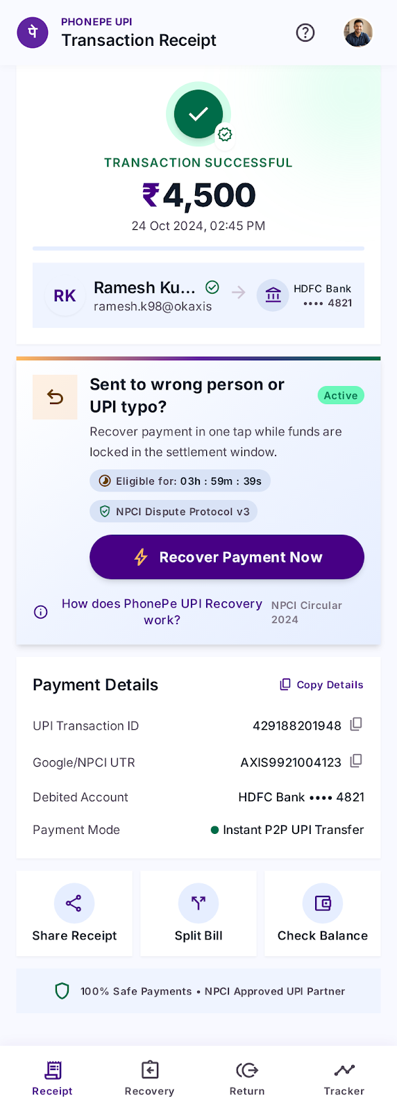 Transaction receipt with a Recover payment button